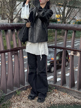 [Unisex] クロップレザーシングルオーバーフィットジャケット