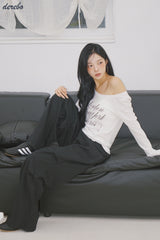 Lace lettering wide casual banding pants