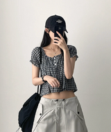 Checkered Ruffle Square Button Short Sleeve Blouse