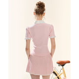 [GirlyFancyClub] Energetic Girl Academy Pink Short-sleeved Knit Pleated Skirt