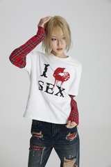 SEXXDEVIL "I LOVE 3EX"レッド プレイド レイヤードTシャツ