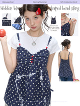 BETWEENAND「Lake Shore Letters」 Summer navy blue polka-dot heart-shaped beaded tank top that can be worn over other shirts