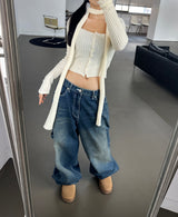 (SCARF & KNIT SET) DREAMY SOFT RIBBED CARDIGAN SCARF SEMI-CROPPED KNIT - 2 COLOR