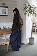 Suede patch denim pants