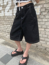 [🖤MD PICK] バックライン バックポイント バミューダデニムパンツ (Black)