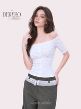 Sherbet off-shoulder button short sleeve T-shirt