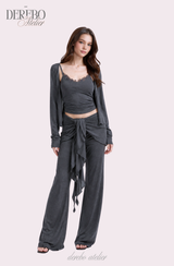 Royal Charcoal Frill Training Three-Piece Setup (Cardigan+Sleeveless+Pants)