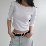  [Riabu] boat Neck Three-quarter sleeve cropped T-shirt - 4 color