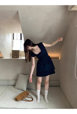 Navy Round Square Flared Dress