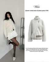 クラシックメタルウェーブダブルボタンハイネックファーコート (White)