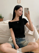 Off Shoulder Slim Rib Short Sleeve T-shirt (3color)