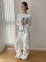 white overall pocket wide casual pants