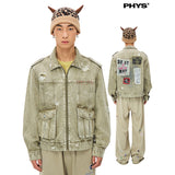 Patch-print ripped cropped denim jacket