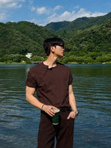 [A-T0185] ナナメヘンリーロールアップ半袖Tシャツ (4色)
