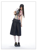 Ruffle-Layer Wide-Leg Denim Bermuda Shorts