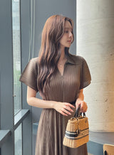 Karon Zipper Collar Pleated Maxi One Piece