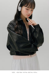 CROP LEATHER[FAUX] JACKET (BLACK)