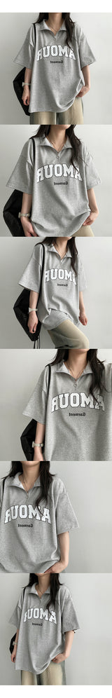 Janbeau レタリングハーフジップアップ半袖Tシャツ