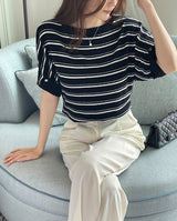 Say Boat-Neck Roll-Up Stripe Knit