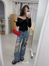 Black Off-Shoulder Cover Long Sleeve T-Shirt