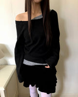 Royu Unbal Asymmetrical Color-Block Shirred One-Off-Shoulder Long-Sleeve T-Shirt