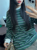 STRIPE OVER BOXY BOYFRIEND LONG SLEEVE T SHIRT ❤💚🩵🧸4COLOR