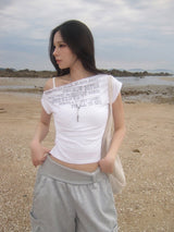 Miu Lettering Off-Shoulder Shirring Short Sleeve T-Shirt