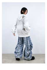 RELABEL (Gemeng) Flower Bud Balloon Check Print Draped Loose-Fit Crinkled Gradient Washed Denim Trousers