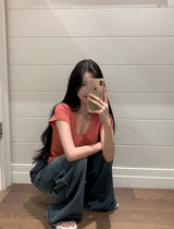 [BELLIDE MADE] Bubble, U-neck semi-cropped short-sleeved T-shirt