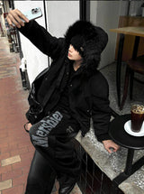 【limited price】Deep Black Semi-Crop Fur Silver Winter Jumper Jacket - Deep Black 