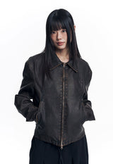 Washed Leather Crop Jacket - Brown