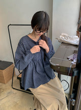26SS★ [BAONHAUS] Lumie Check Ribbon Blouse