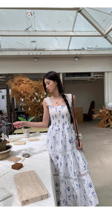 Blue Flower Cotton Sleeveless Long Dress