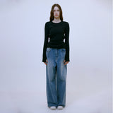 Distressed Wide Denim Pants (BLUE)