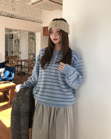 クロヘアリーボーダーヘンリーネックニット