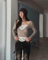 Ash Ribbed Deep Button Layered Long Sleeves