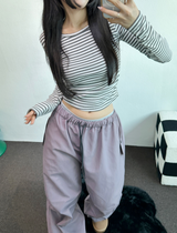 フリース❤サイドシャーリングストライプクロッピードロングスリーブTシャツ 🧸🤎🩶🩵3カラー