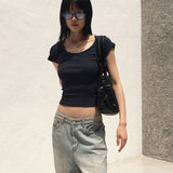Desa Back Slit Ribbon V-Neck Short Sleeve T-Shirt