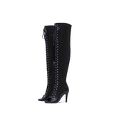 サテンレースアップオープントゥブーツヒール (Black)