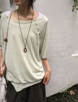シュシュップ オフショルダー テンセル レイヤード スナップ ショート スリーブ ティー