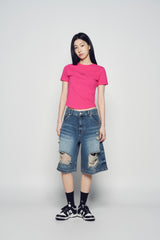 25SS BASIC LOGO HEM LINE CROP SHORT SLEEVE T-SHIRT HOT PINK