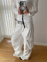 white overall pocket wide casual pants