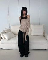Bimu ribbed strap sleeveless layered off-shoulder long-sleeve T-shirt