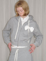 rirri Charcoal Heavyweight 100% Cotton Bow-Detailed Hoodie Set (Zippered Hooded Sweatshirt + Pleated Skirt)