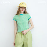 Riverstone Plus Dopamine Color Block Striped Embroidered Short Sleeve T-shirt, Women Slim Fit Summer Casual Basic Top