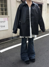 Tsurem Button Collar Half Leather Jacket