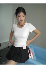 Back slit bow ribbed short sleeve tee