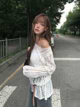 PT ダイアゴナルネットワンショルダーリップメッシュロングニット