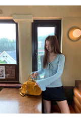 Sky V-neck Lace Bow Long Sleeve T-shirt