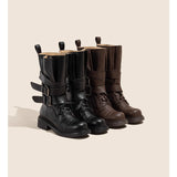 Vintage-Style Genuine Lambskin Mid-Calf Biker Boots with Belt Detail